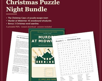 Christmas Puzzle Bundle Printable: Escape Room Game, 45 Murder Mystery Logic Puzzles and Word Searches, Family Game Night PDF