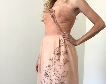 Vintage 50s Peach Formal Prom Dress