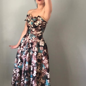 Vintage 50s Silk Strapless Floral Print Fit and Flare image 1