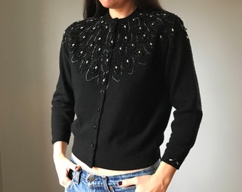 Vintage 50s Black Beaded Cardigan