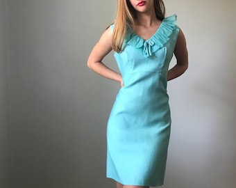 Vintage 60s Aqua Blue Ruffle V Neck Dress