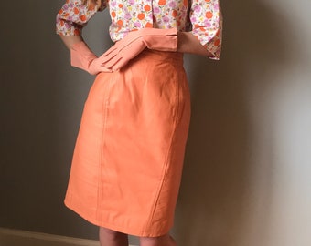 Vintage 80s Peach Leather Pencil Skirt