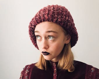 Vintage Burgundy Knit Slouchy Beret Beanie