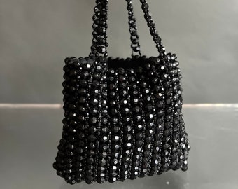 Vintage Mini Black Beaded Top Handle Tote Purse