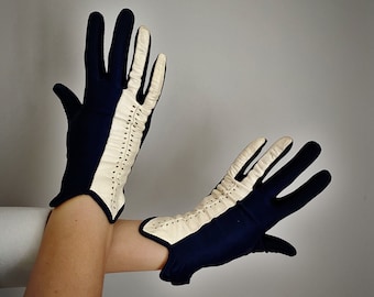 Vintage 50s Navy + White Leather Driving Gloves