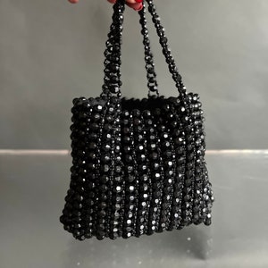 Vintage Mini Black Beaded Top Handle Tote Purse image 1