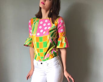 Vintage 60s Op Art Ruffle Sleeve Top