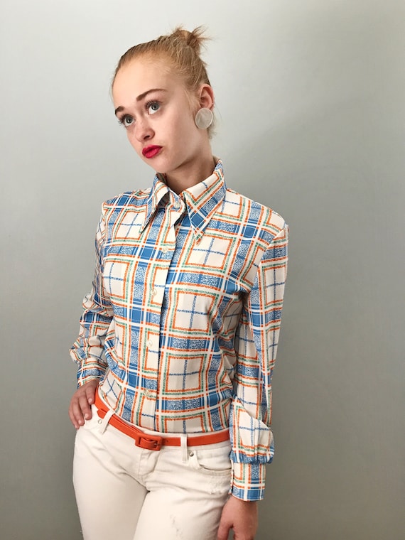 Vintage 70s Plaid Polyester Button Down Top