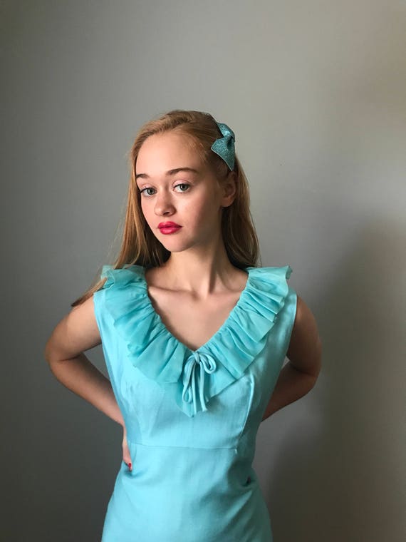 Vintage 60s Aqua Blue Ruffle V Neck Dress - image 3