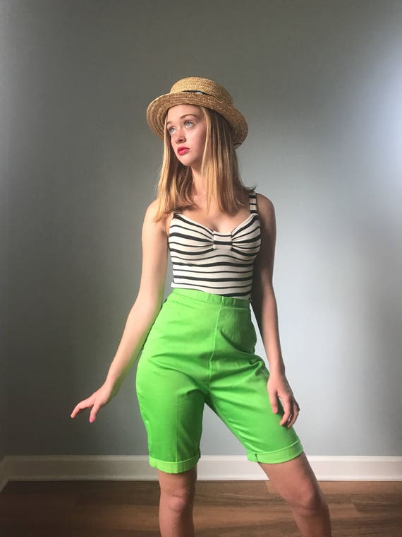 Vintage 60s Neon Green Hi Waist Pinup Shorts Deads