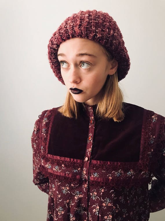 Vintage Burgundy Knit Slouchy Beret Beanie - Etsy display picture 1