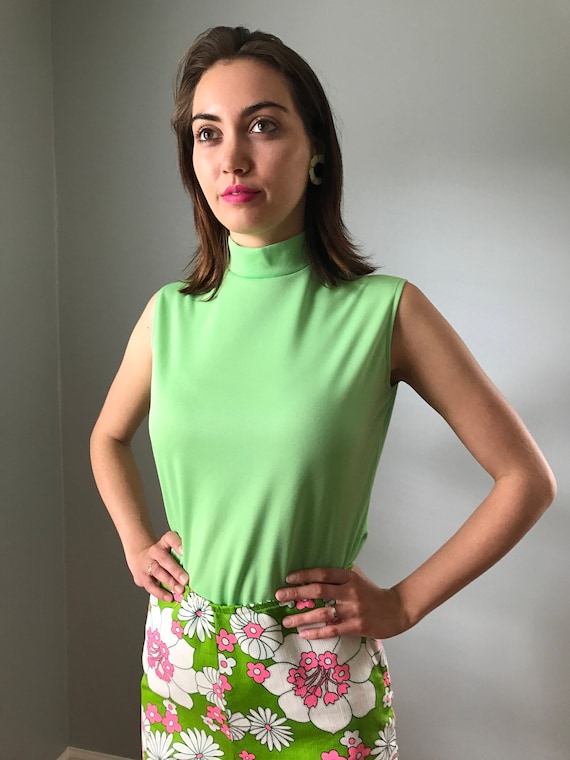 Vintage 60s Mod Lime Green Sleeveless Mock Neck
