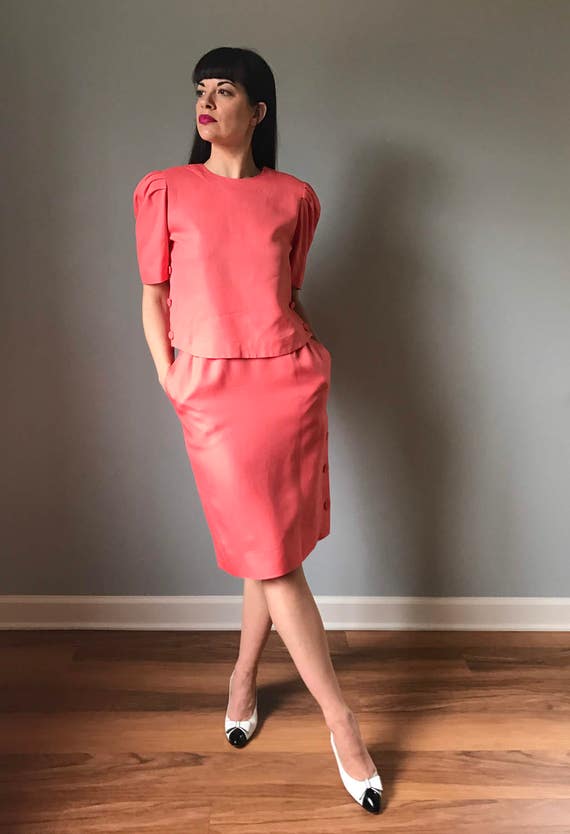 Vintage 80s Coral Linen Skirt Suiting Separates - image 2