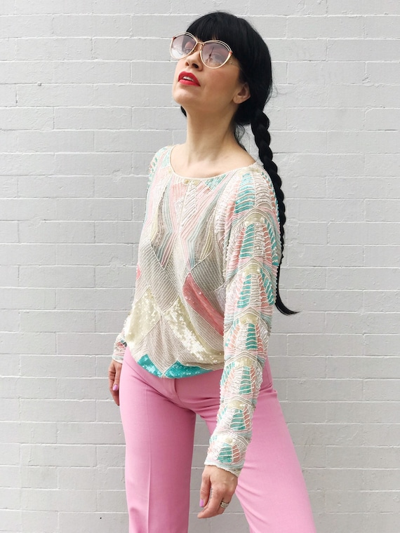 Vintage Pastel Sequin Top