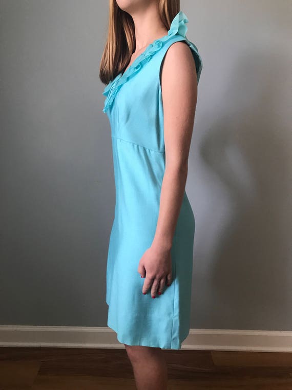 Vintage 60s Aqua Blue Ruffle V Neck Dress - image 5