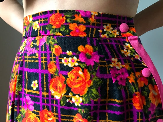 Vintage 70s High Waist Neon Floral Maxi Skirt - image 4