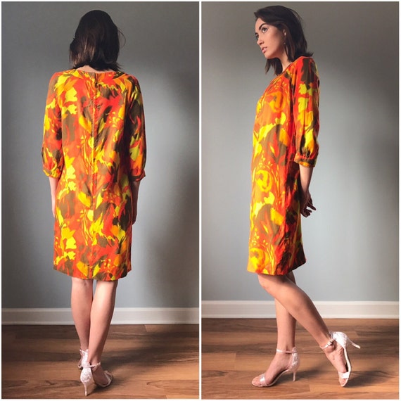 Vintage 60s Mod Orange Watercolor Dress - image 3