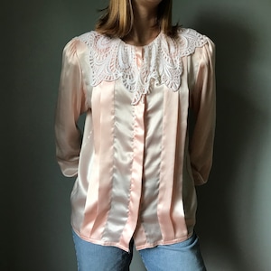 Vintage 80s Peach Silky Blouse Lace Collar