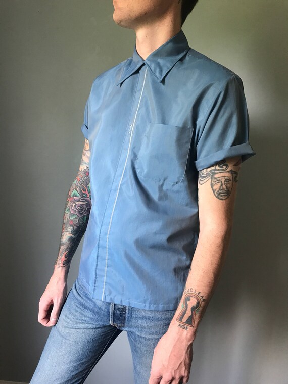 Vintage 50s Blue Loop Collar Button Down