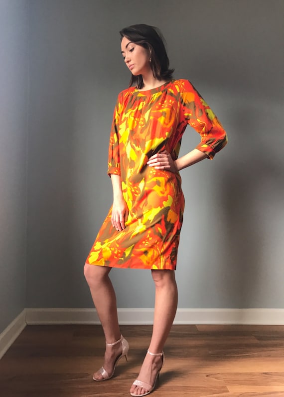 Vintage 60s Mod Orange Watercolor Dress - image 1