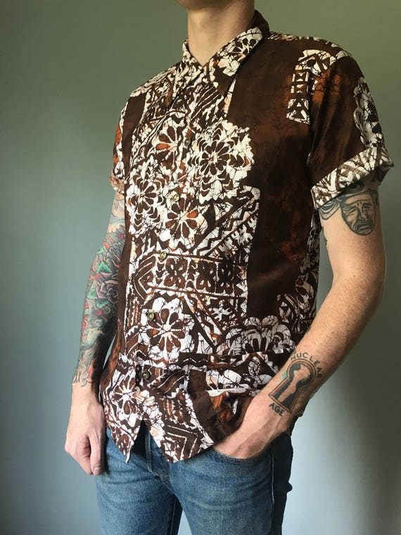Vintage 50s Mens Brown Tiki Shirt