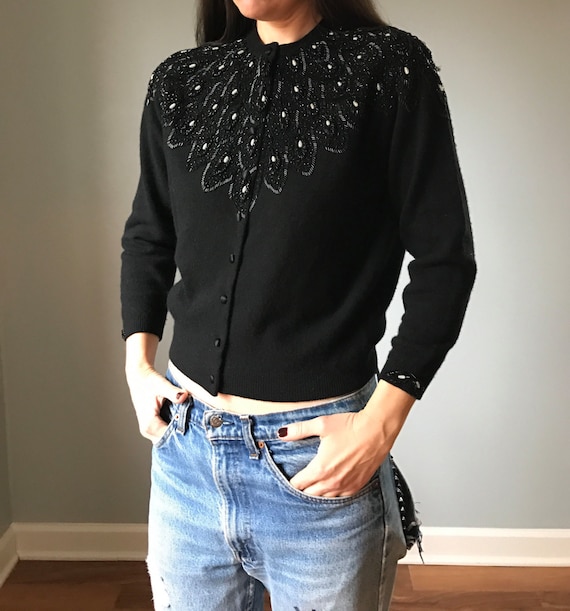 Vintage 50s Black Beaded Cardigan