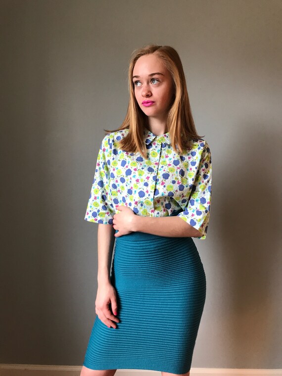 Vintage 50s Cotton Blue Floral Top