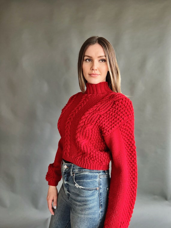 Vintage 80s Cropped Red Knit TNK Sweater - image 1