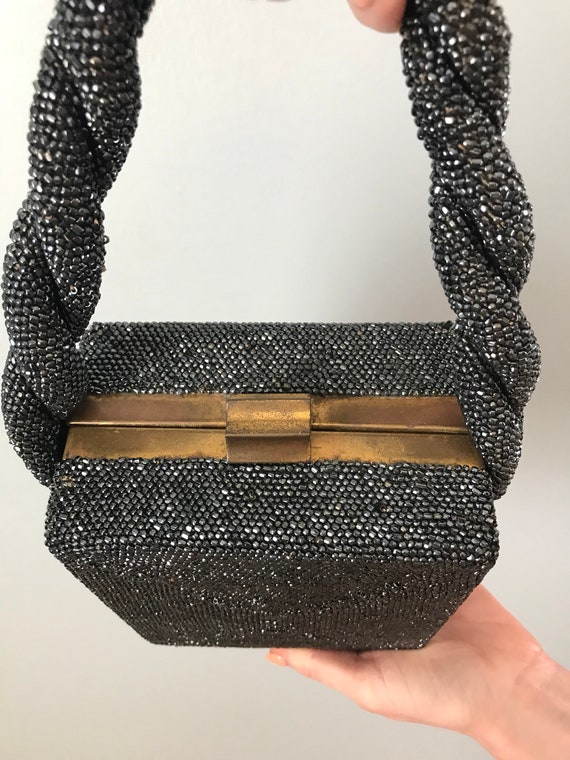 Vintage 30s 40s Gunmetal Beaded Box Purse - image 5