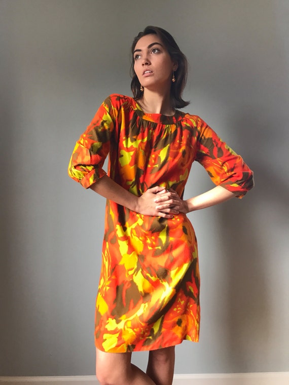 Vintage 60s Mod Orange Watercolor Dress - image 2