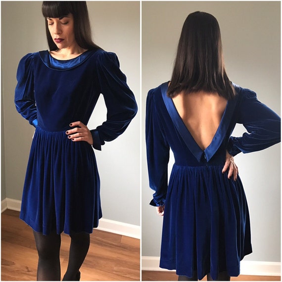 Vintage Cobalt Blue Velvet Peter Pan Dress