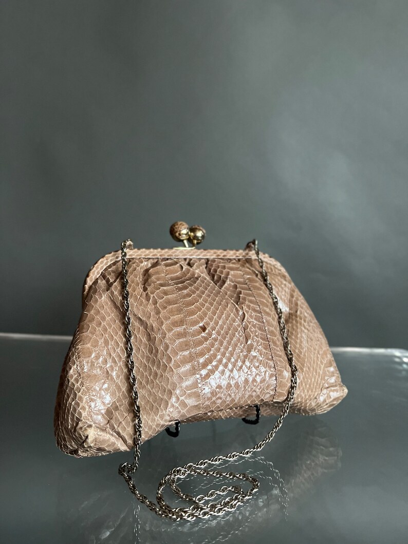 Vintage 70s Authentic Snakeskin Clutch w/ Metal Chain image 8