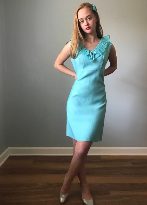 Vintage 60s Aqua Blue Ruffle V Neck Dress - image 1