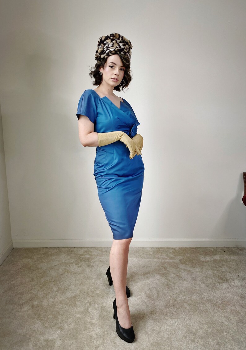 Vintage 50s Blue Satin Wiggle Dress image 6