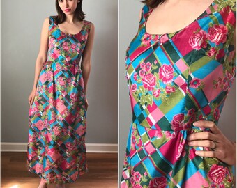 Vintage 70s Shimmer Pink Floral Gown