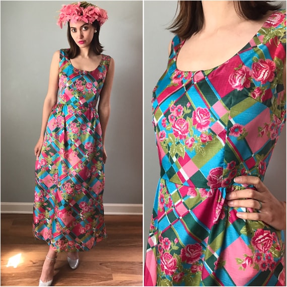 Vintage 70s Shimmer Pink Floral Gown