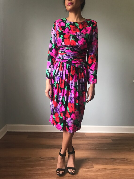 Vintage Button Back Silk Floral Dress