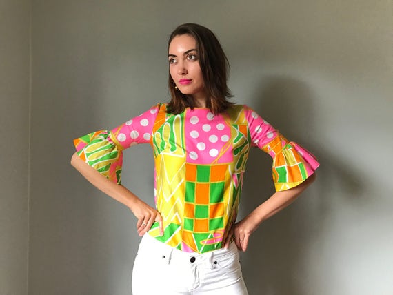 Vintage 60s Op Art Ruffle Sleeve Top - image 2