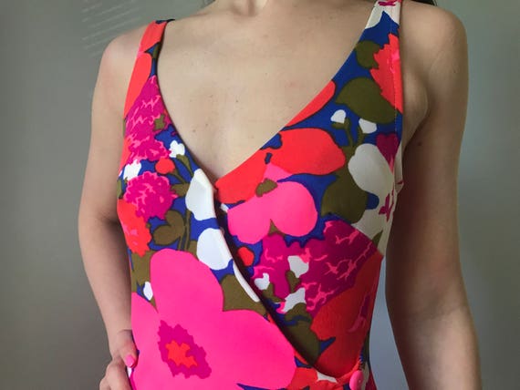 Vintage 60s Neon Floral Pinup One Piece - image 4