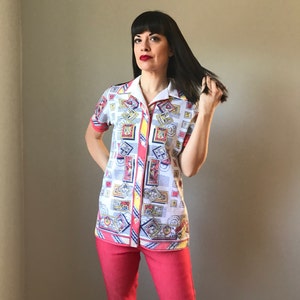 Vintage 70s Lounge Wear Top Stamp Print