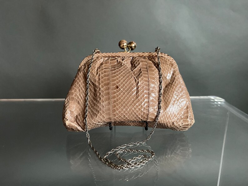 Vintage 70s Authentic Snakeskin Clutch w/ Metal Chain image 9