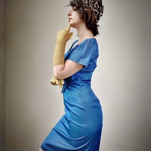 Vintage 50s Blue Satin Wiggle Dress image 4