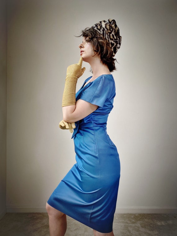 Vintage 50s Blue Satin Wiggle Dress - image 4