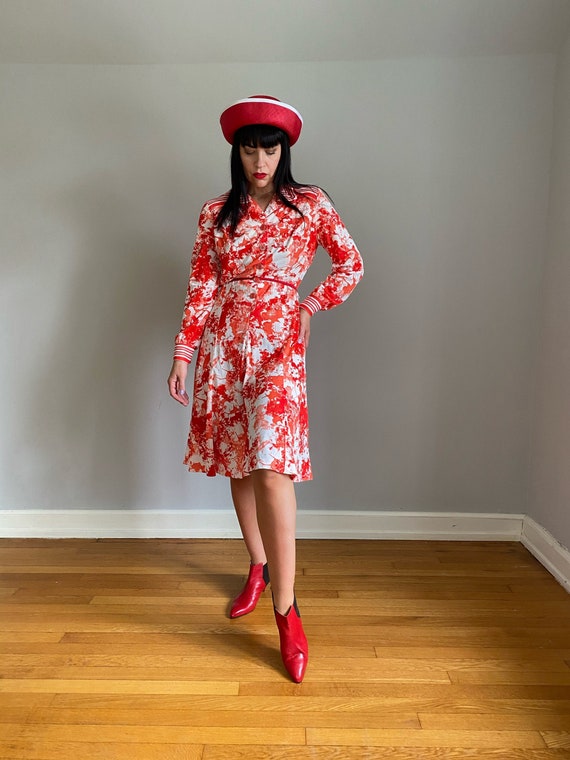 Vintage 70s Red Watercolor Shirtdress - image 1