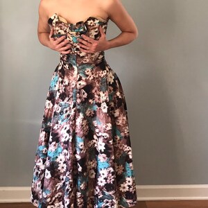 Vintage 50s Silk Strapless Floral Print Fit and Flare image 2