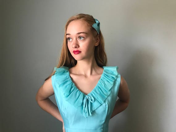 Vintage 60s Aqua Blue Ruffle V Neck Dress - image 10