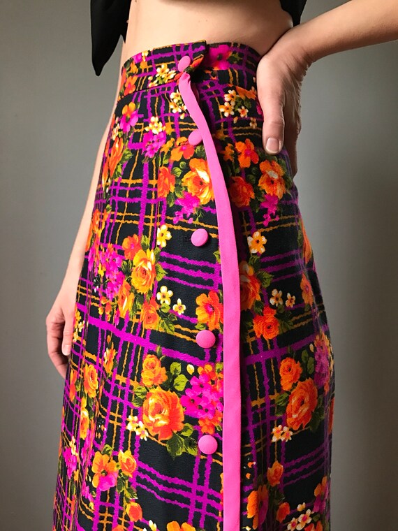 Vintage 70s High Waist Neon Floral Maxi Skirt - image 3