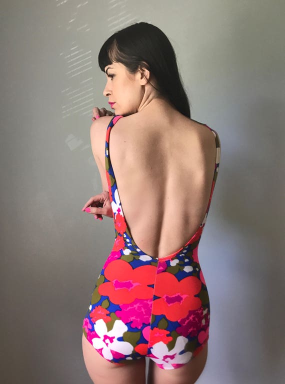 Vintage 60s Neon Floral Pinup One Piece - image 5