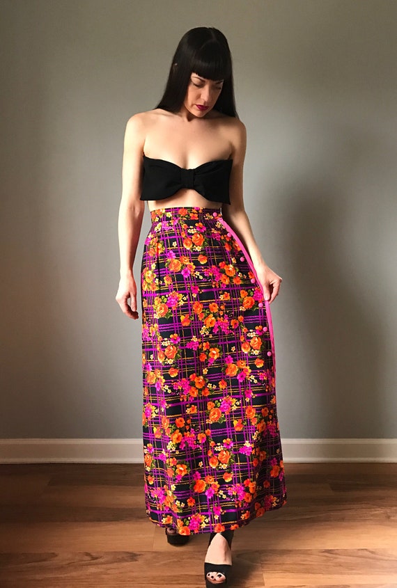 Vintage 70s High Waist Neon Floral Maxi Skirt - image 5