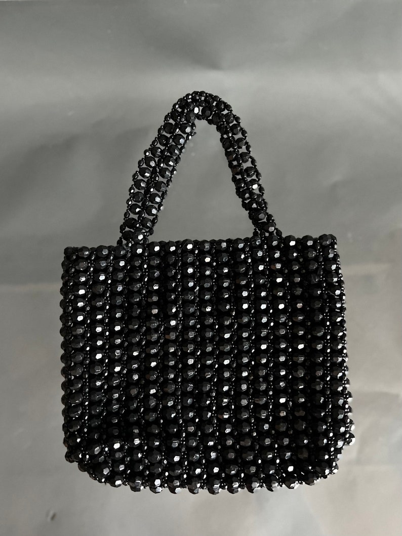 Vintage Mini Black Beaded Top Handle Tote Purse image 4